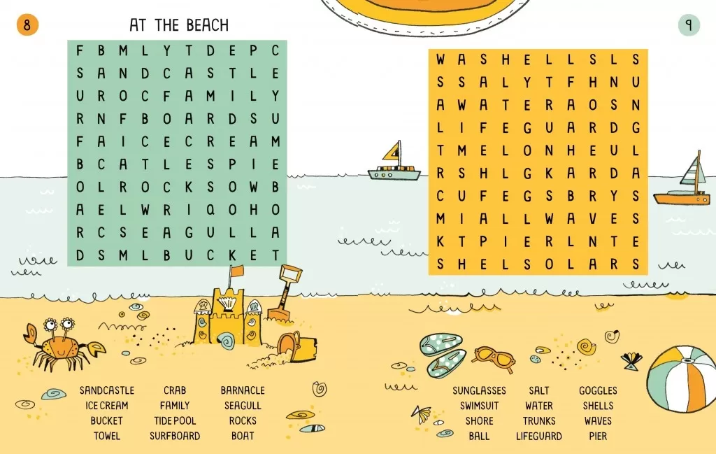 word search for children with a beach theme
